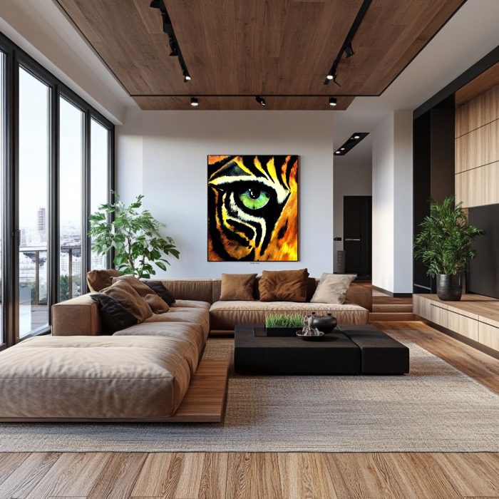TIGER SIGHT
100x130cm
Pohľad, ktorý nežiada pozornosť — on ju prirodzene drží. V tejto energii je ticho, sústredenie a istota… presne vieš, kam smeruješ.