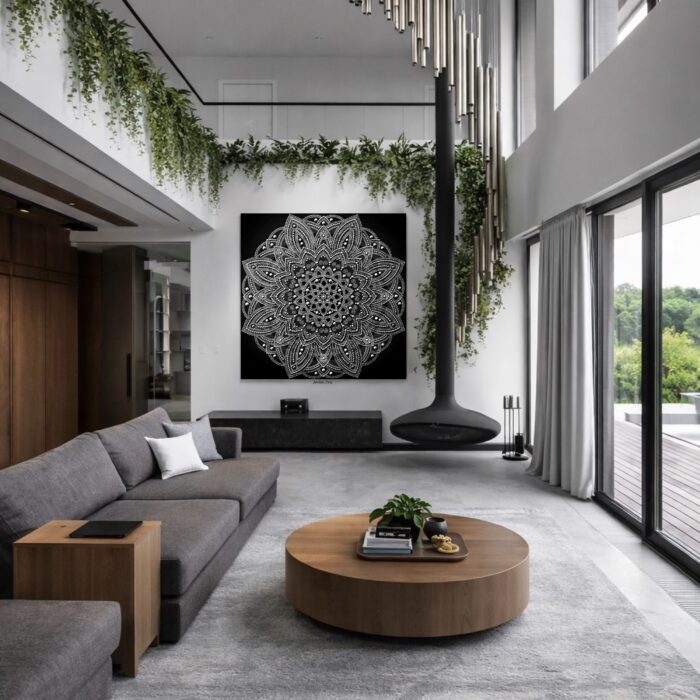 MANDALA HOJNOSTI tvorená na mieru do luxusnej rodinnej vily, 130x130cm, TALIZMAN pre celú rodinu 