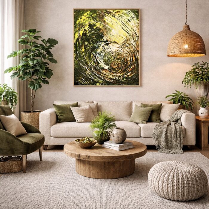GREEN SYMPHONY
90x120cm
Živá symfónia prírody — plná pohybu, sily a prirodzenej krásy.
Vnáša do priestoru rast, rovnováhu a pulzujúcu energiu života.
