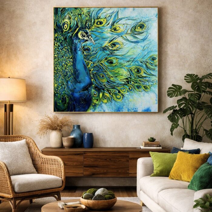PEACOCK BEAUTY
110x110cm
Krása, ktorá sa neskrýva — žiari, keď si dovolíme byť samy sebou v celej svojej jedinečnosti.
Ako páv rozprestierajúci svoje farby, aj my sa stávame svojou pravou podstatou vo chvíli, keď si dovolíme naplno žiariť vlastným svetlom.