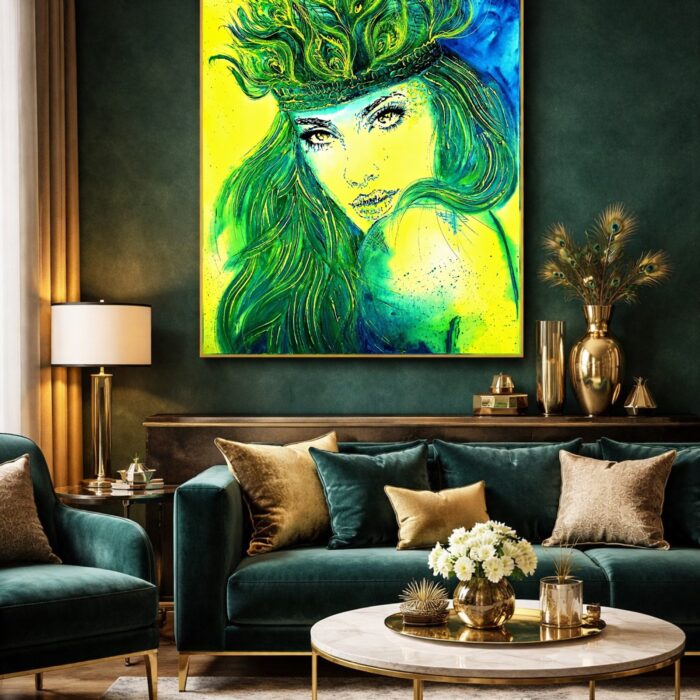 PEACOCK QUEEN
80x100cm
Jej prítomnosť hovorí za všetko — bez slov, bez potreby dokazovať.
Sebavedomá, žiarivá a prirodzene magická… žena, ktorá pozná svoju hodnotu a žije ju v každom okamihu.